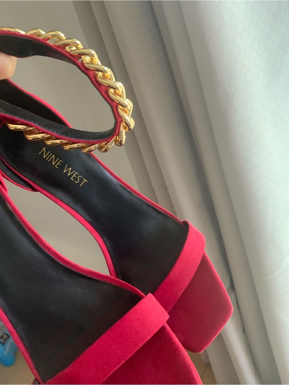 Nine West Red Suede Heeled Sandals with Gold Chain Ankle Strap